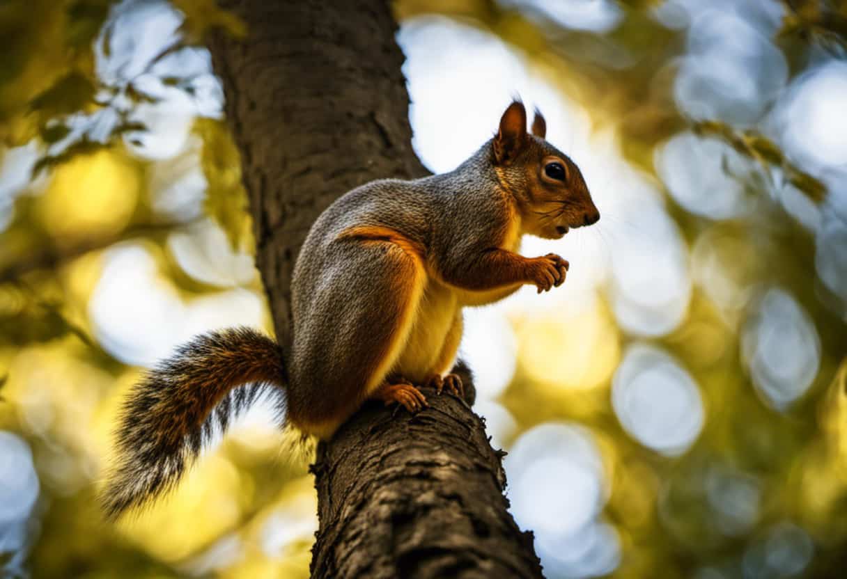 An image showcasing a vibrant forest canopy illuminated by golden rays of sunlight, with a squirrel perched on a branch, its sharp eyes fixated on a distant acorn, highlighting the exceptional daytime vision abilities of squirrels