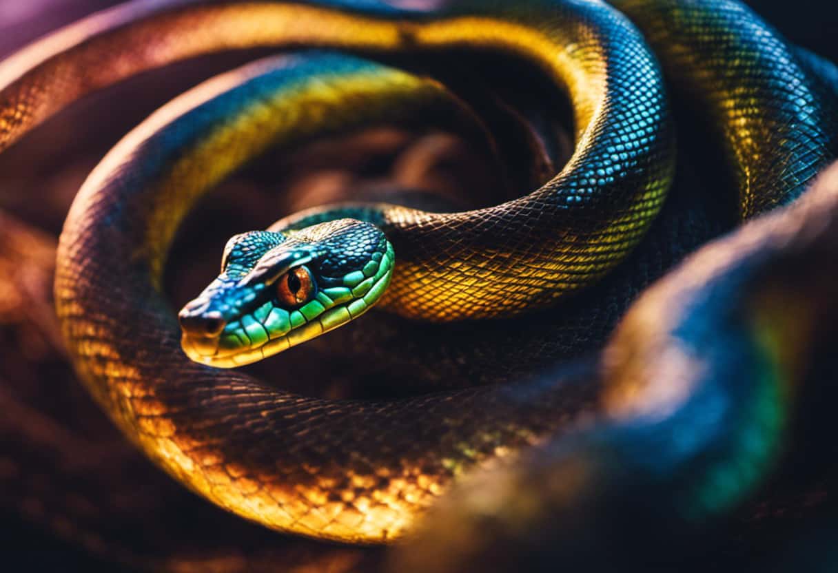 An image showcasing a coiled, iridescent serpent with a slender body adorned with symmetrical patterns, contrasting with a slithering snake possessing a more streamlined form, marked by vibrant scales and a forked tongue