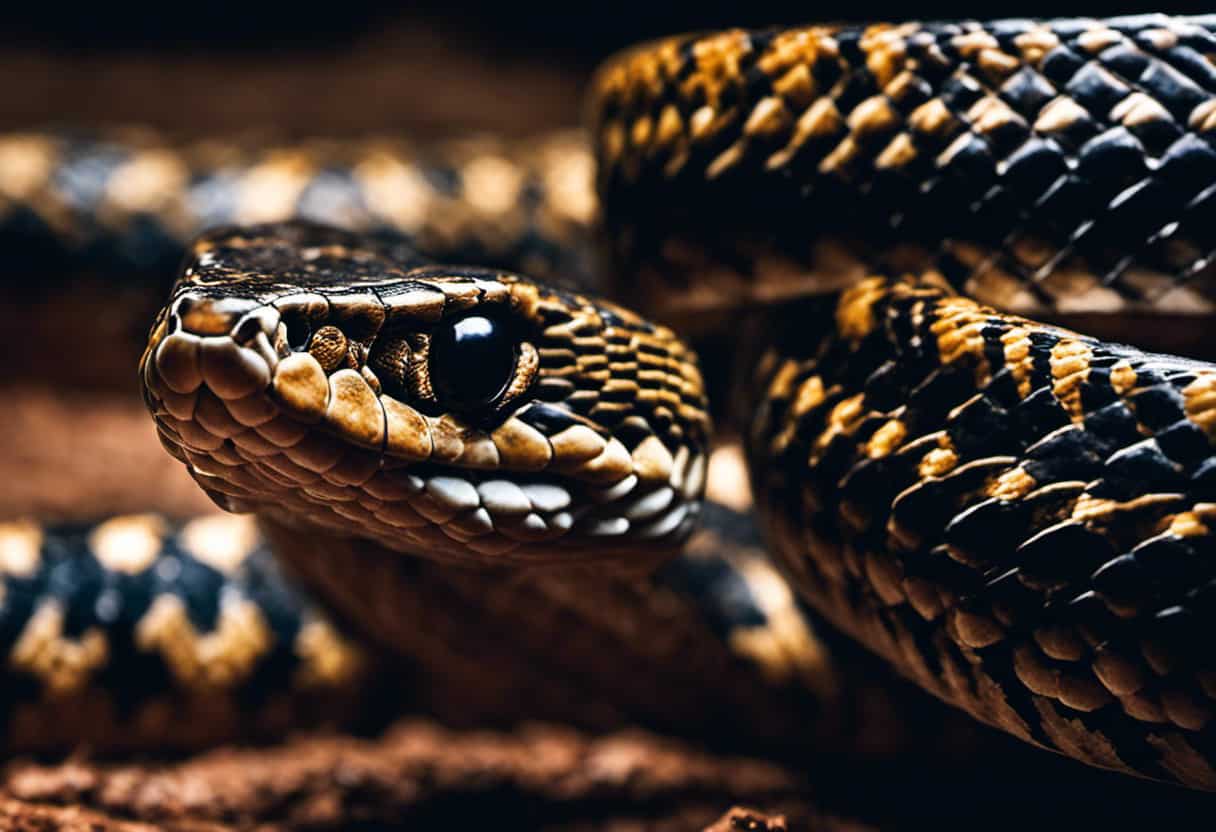 An image capturing the intense stare of a venomous snake, poised to strike, contrasting with the calm demeanor of a non-venomous snake, showing the stark difference in their aggressive behavior