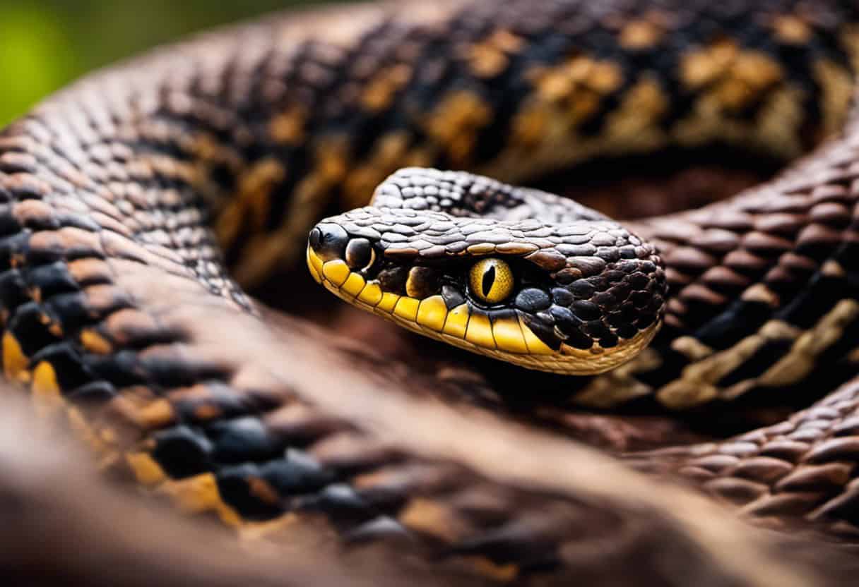 An image contrasting a venomous viper and a harmless snake, showcasing their distinct physical features, such as the viper's triangular head, vertical pupils, and heat-sensing pits, while highlighting similarities in their body structures and patterns