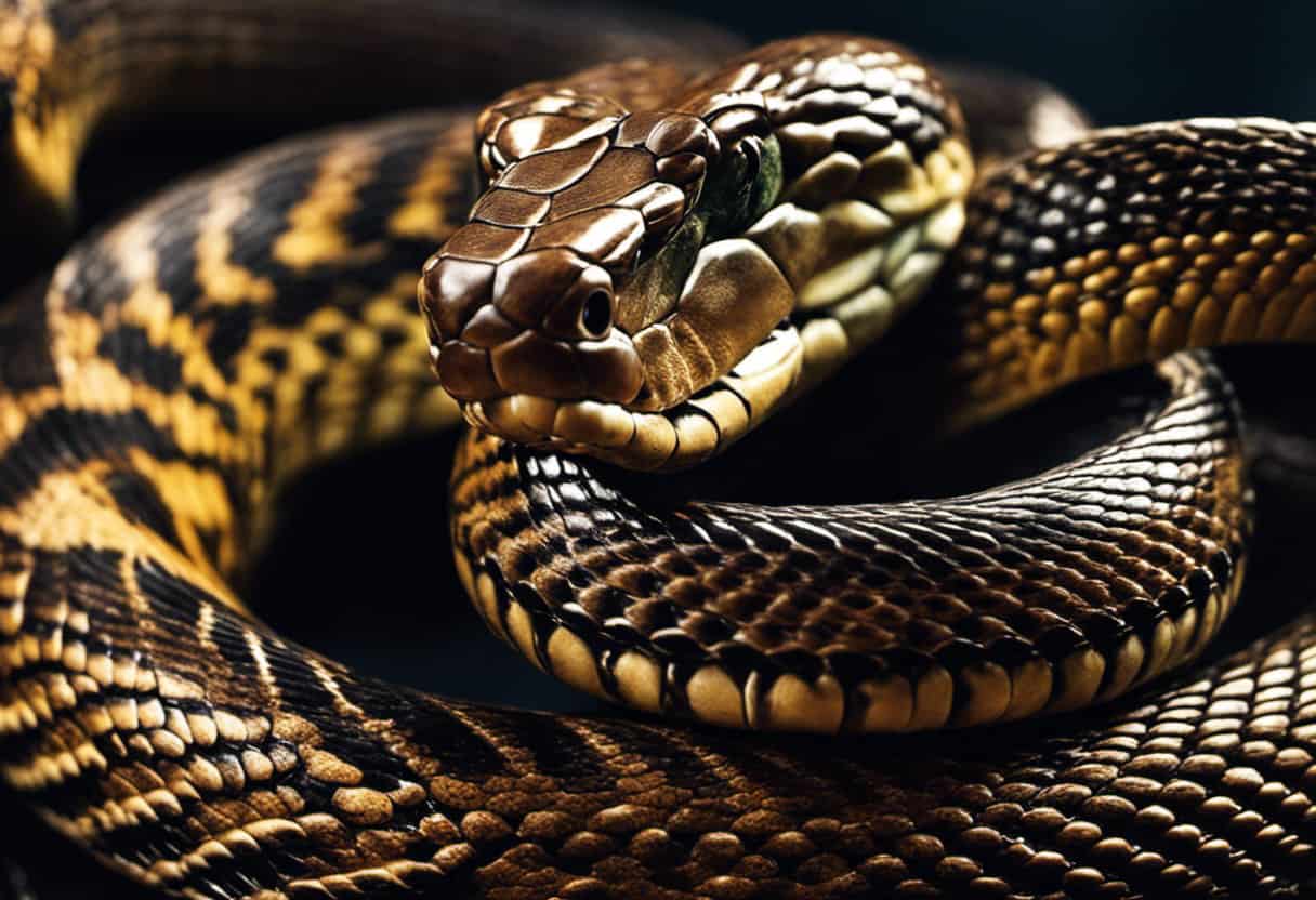An image showcasing the distinct physical features of a viper and a snake side by side, highlighting the viper's triangular-shaped head, heat-sensing pits, and hinged fangs, while contrasting it with the snake's rounded head and smooth scales