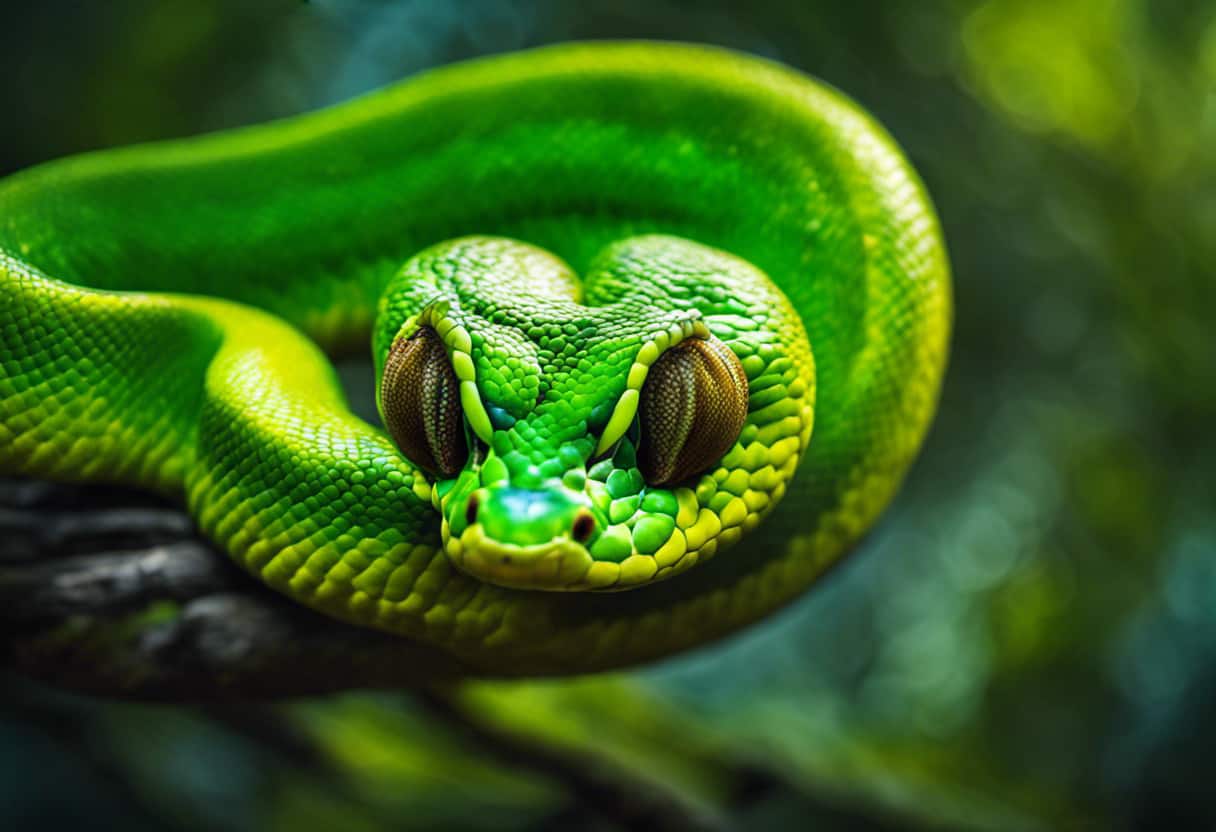 An image depicting the intricate nervous system of a mesmerizing green tree python, showcasing its vibrant scales and venomous fangs, highlighting the theme of neurotoxic venom