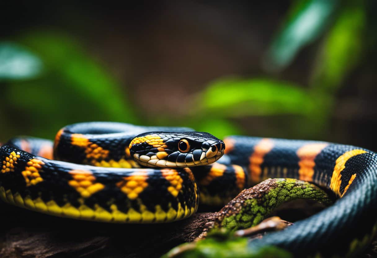 An image showcasing a diverse range of snake species, each depicted with vivid coloration and distinct patterns, emphasizing their unique venomous characteristics