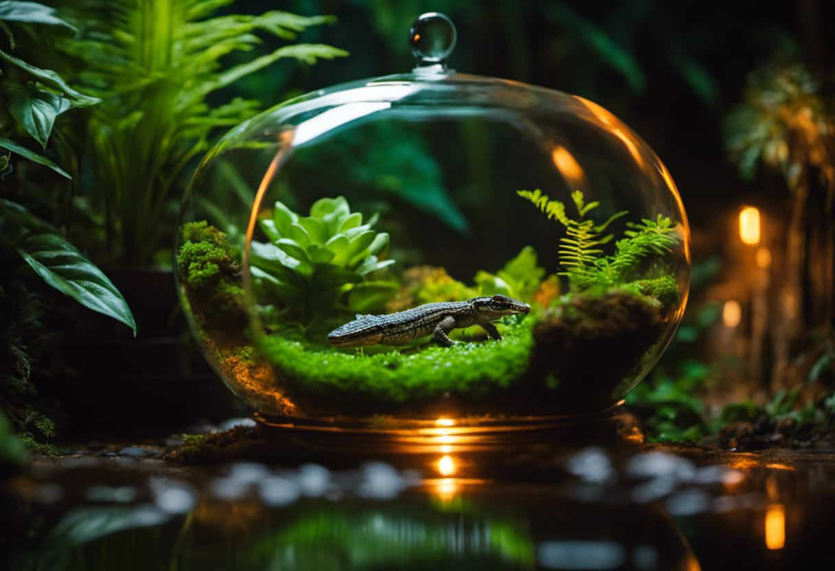 An image showcasing a vibrant terrarium with a shallow, clean water dish, positioned under a warm heat lamp, surrounded by lush vegetation