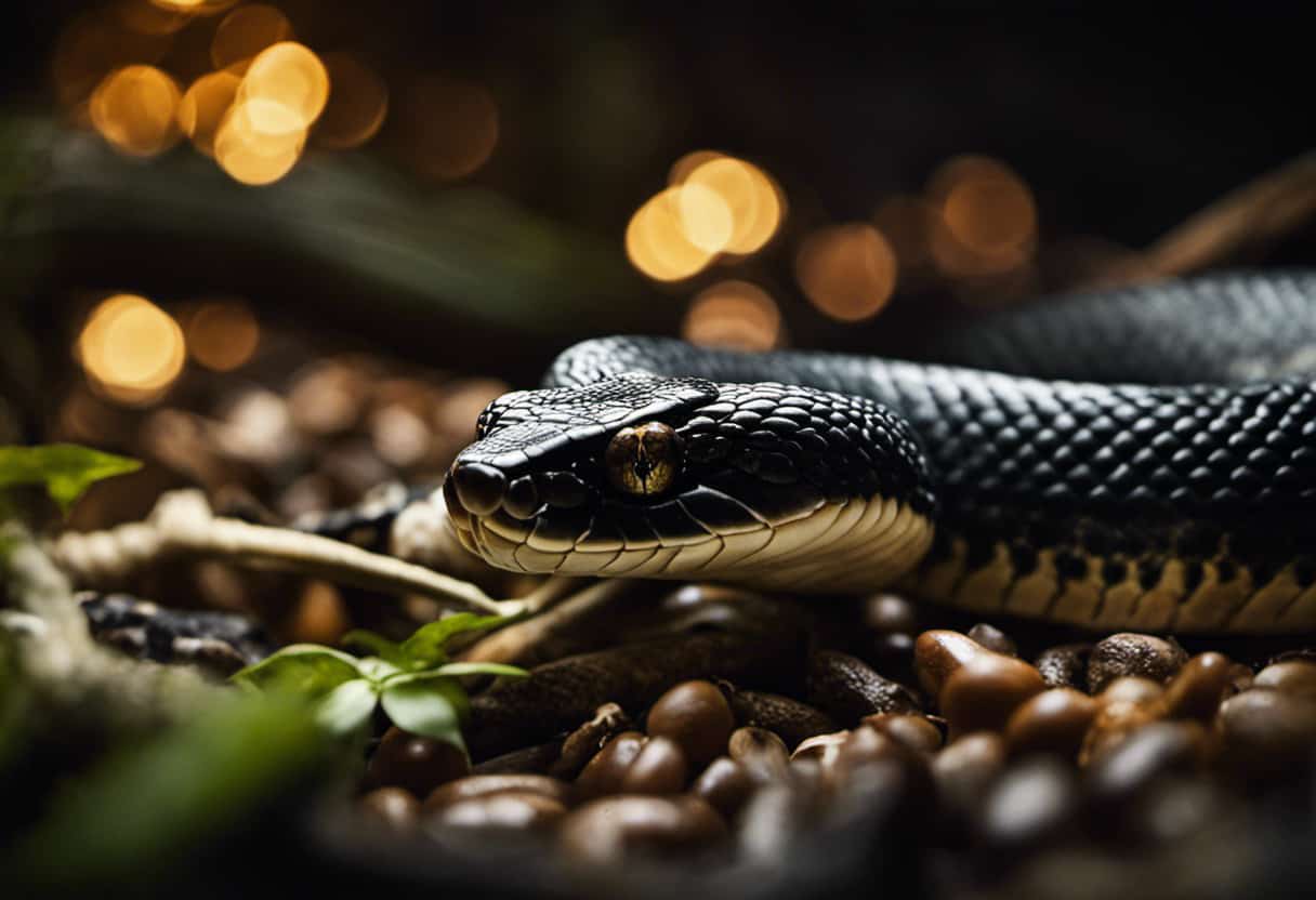 An image showcasing a close-up of a lethargic snake in a dimly lit reptile enclosure, surrounded by partially eaten prey items, emphasizing the decline in appetite and the potential factors causing this decline