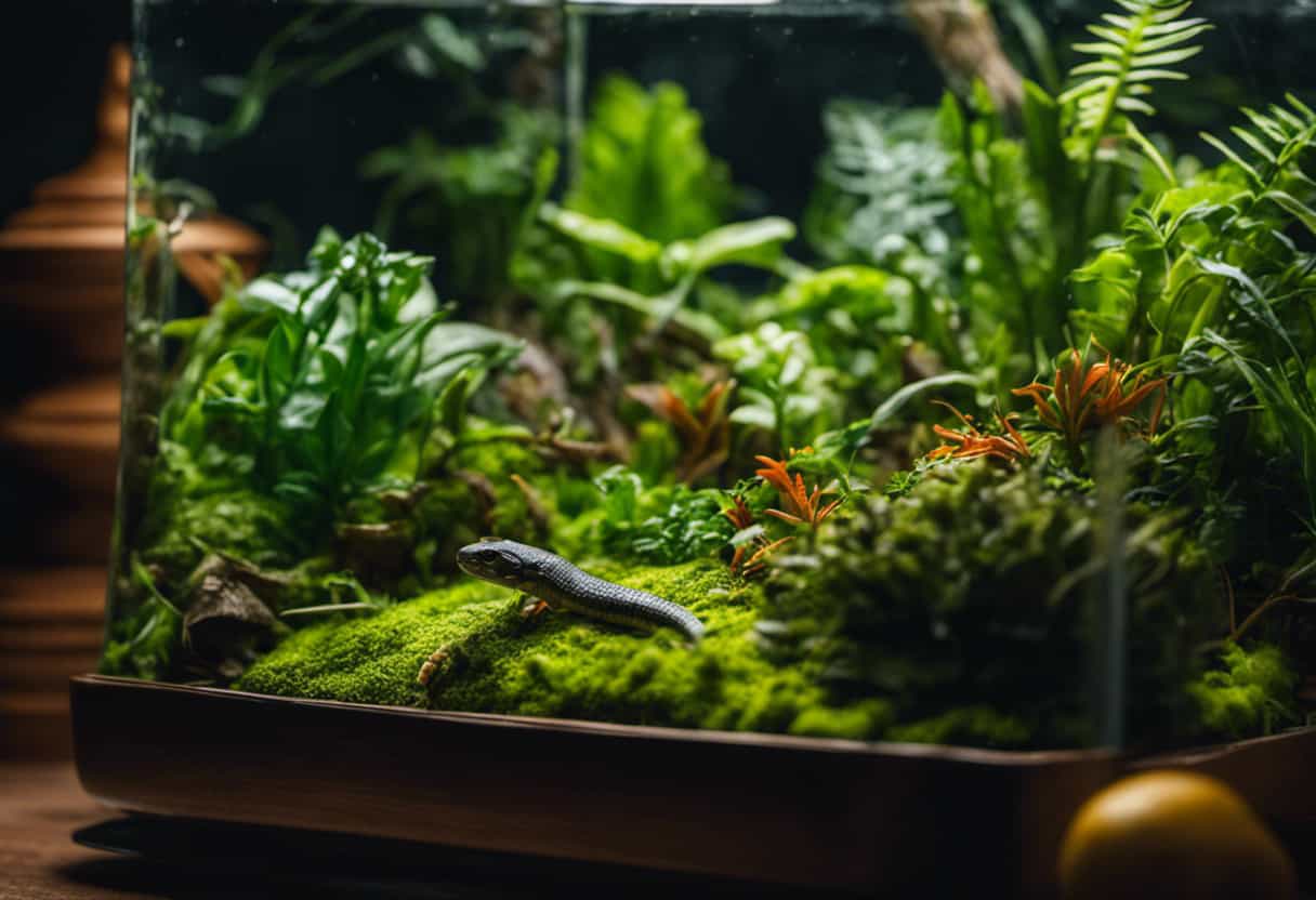 An image of a vibrant terrarium filled with leafy green plants, showcasing a variety of alternative food options for snakes, such as crickets, worms, and small fish, highlighting the diverse diet choices available for these reptiles