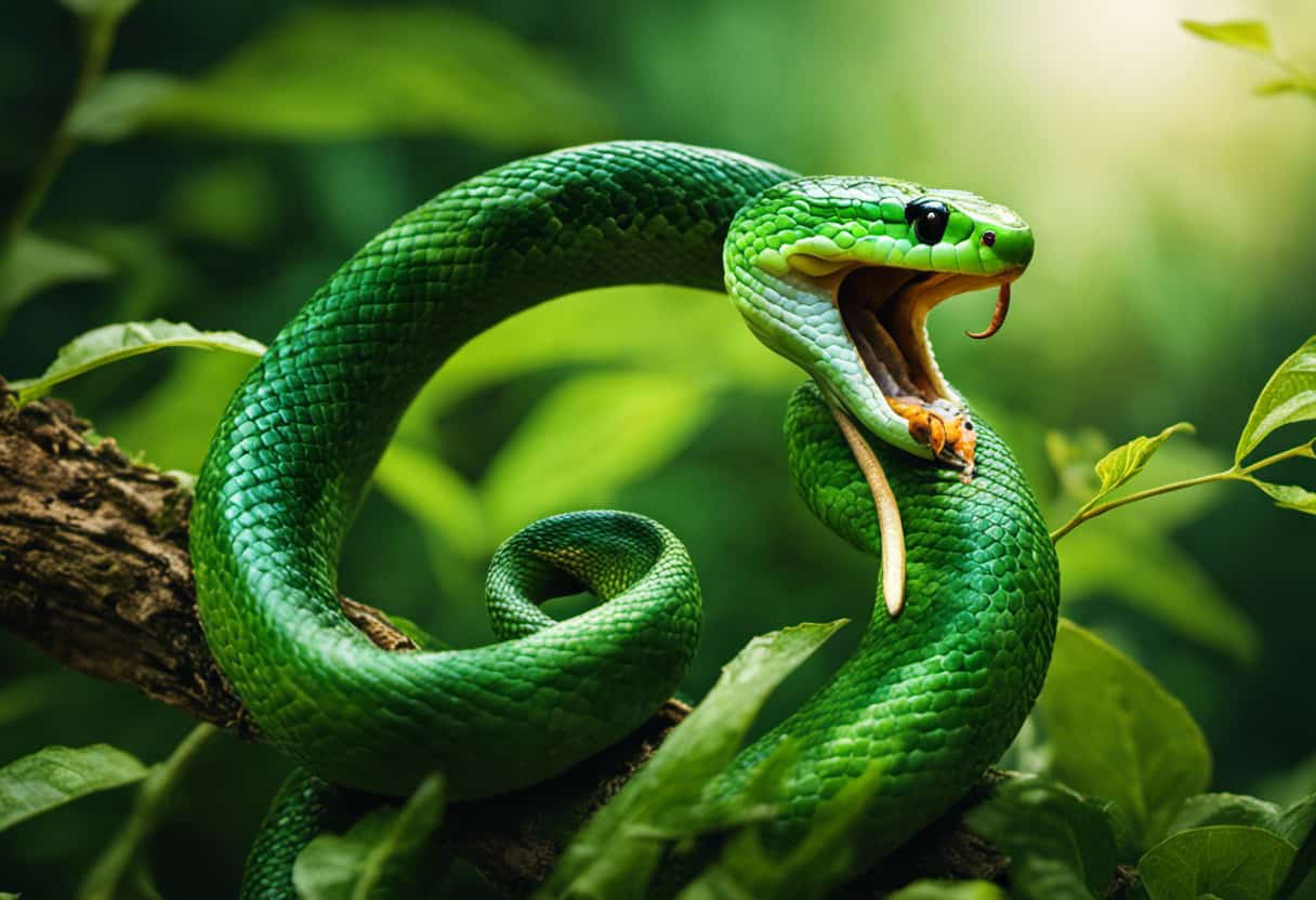 An image showcasing a vibrant green snake coiled around a branch, its mouth wide open as it devours a swarm of insects