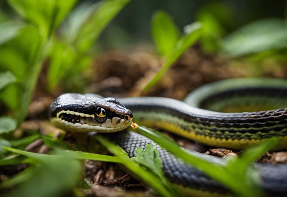 An image capturing a garter snake gracefully devouring a small frog amidst a lush green setting, showcasing the diverse feeding habits of garter snakes beyond their typical diet of mice