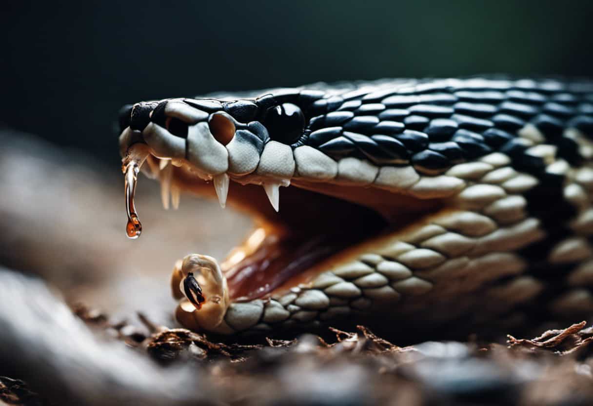An image depicting a close-up of a snake's mouth, mid-strike, capturing a frozen moment as it devours a plump mouse