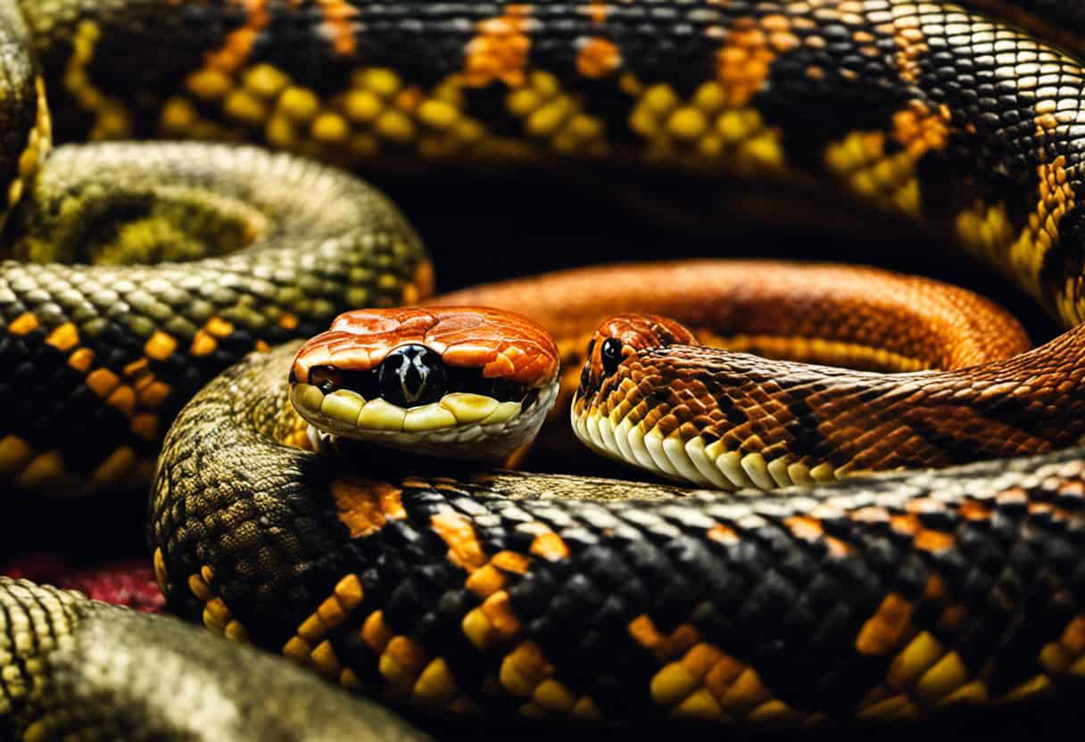 An image depicting a diverse array of snakes, including pythons, boas, and corn snakes, eagerly devouring Reptilinks—a groundbreaking alternative to traditional rodent diets, showcasing the innovative solution for snake owners