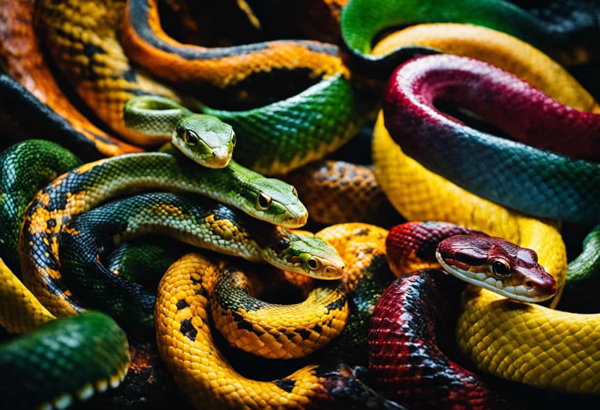 An image showcasing a vibrant ecosystem of various snake species, each devouring a different kind of reptilink