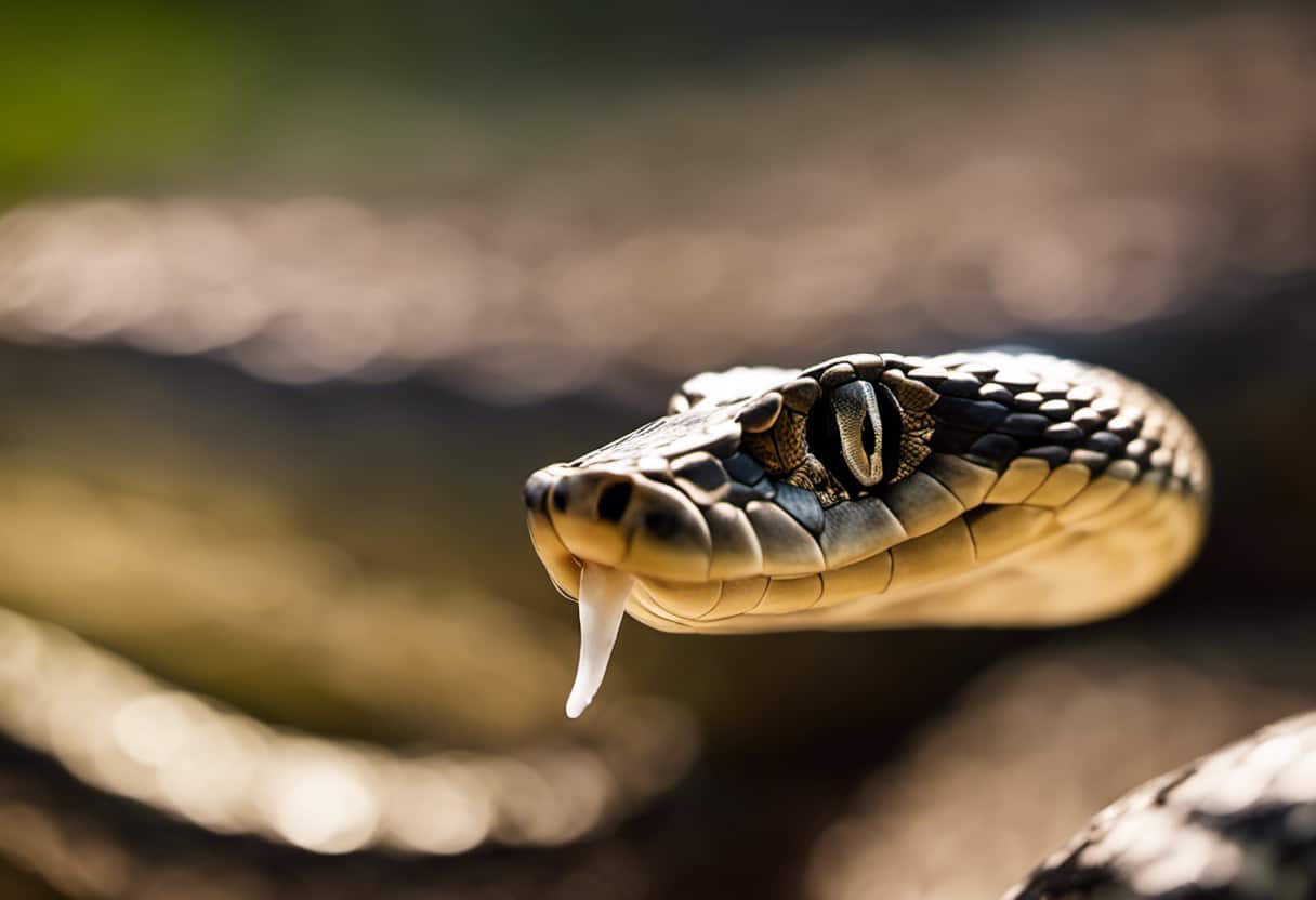 An image showcasing a close-up view of a snake's tongue, elegantly bifurcated and delicately tasting the air