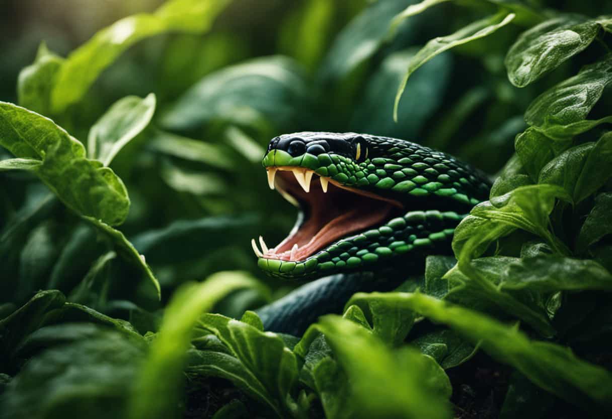 An image showcasing a startled snake discovering a vibrant green plant in its mouth, capturing the moment of accidental plant ingestion