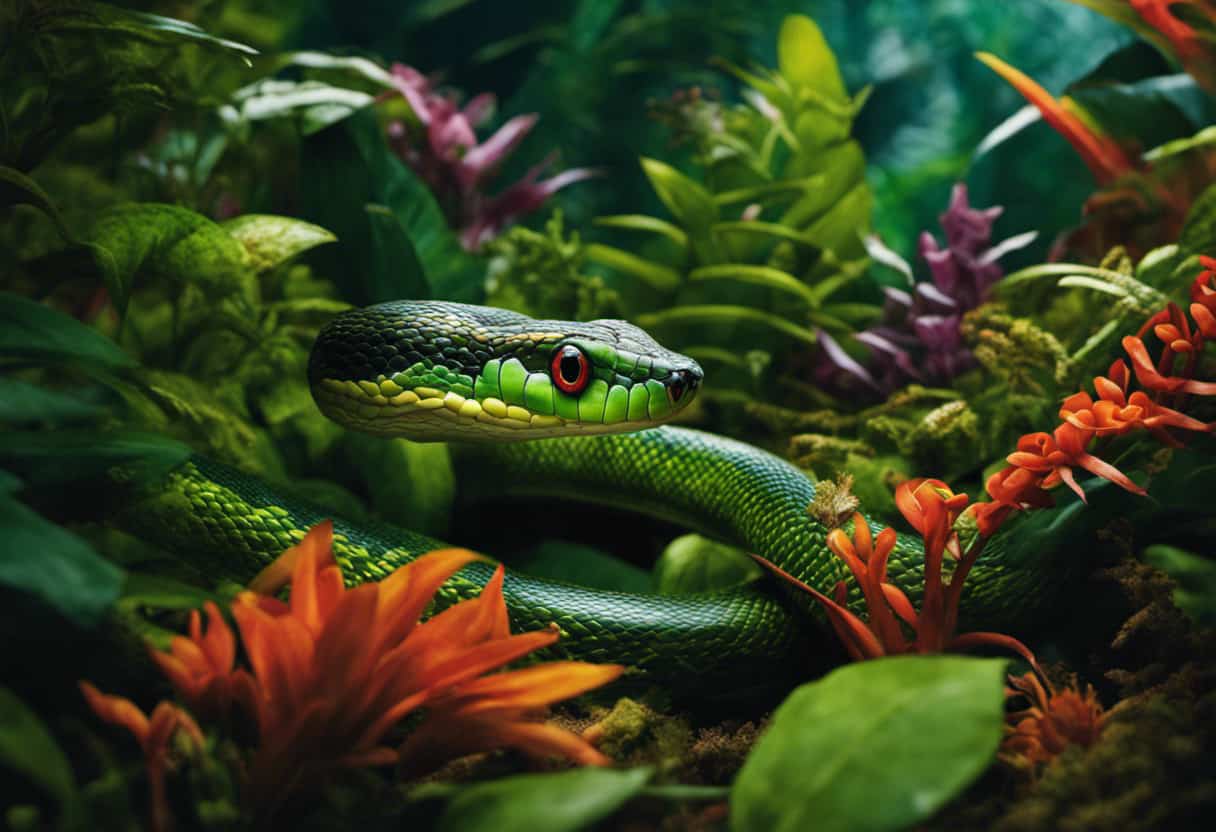 An image showcasing a vibrant rainforest scene, with a close-up of a snake curiously exploring a lush bed of colorful, symbiotic plants