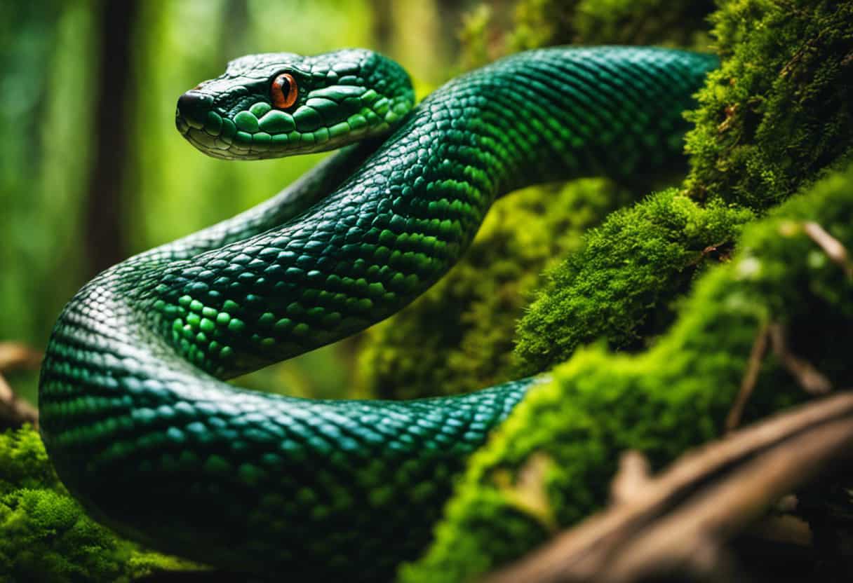 An image showcasing a vibrant forest scene where a slithering serpent gracefully entwines itself around a leafy green vine, challenging the perception of snakes as strict carnivores