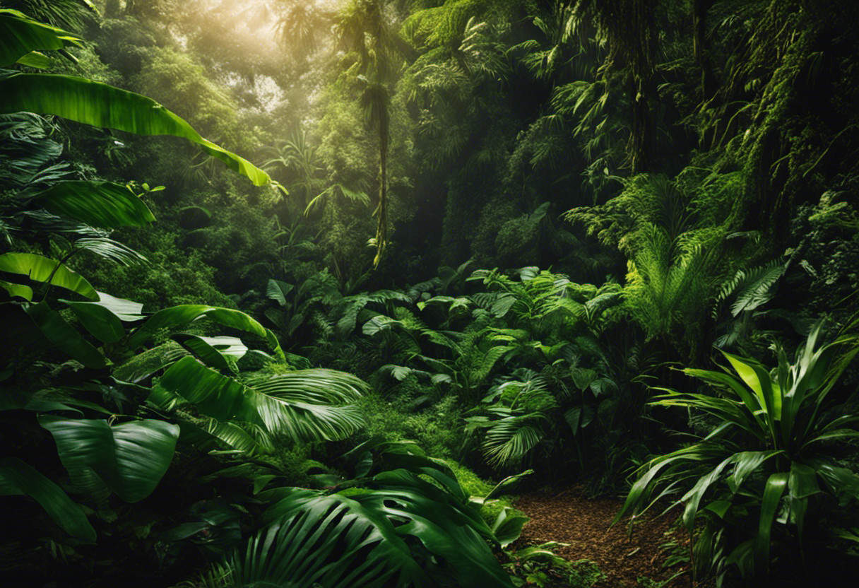 An image showcasing a lush tropical rainforest with a variety of vibrant, leafy plants, while subtly hinting at the absence of snakes by depicting only their slithering trails amidst the foliage