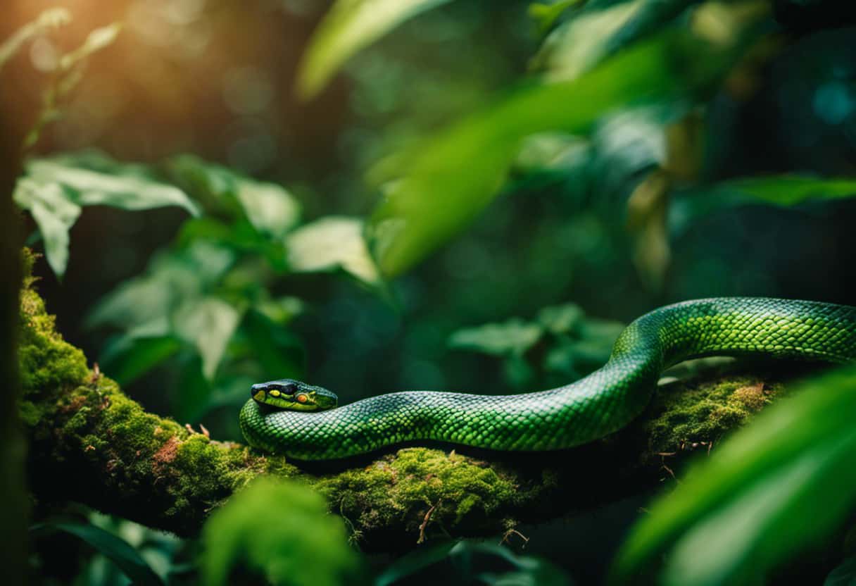 An image depicting a lush rainforest teeming with vibrant foliage, showcasing a snake coiled around a tree branch, while subtly portraying the potential for snakes to adapt to a mixed diet through a delicate balance of carnivorous and herbivorous tendencies
