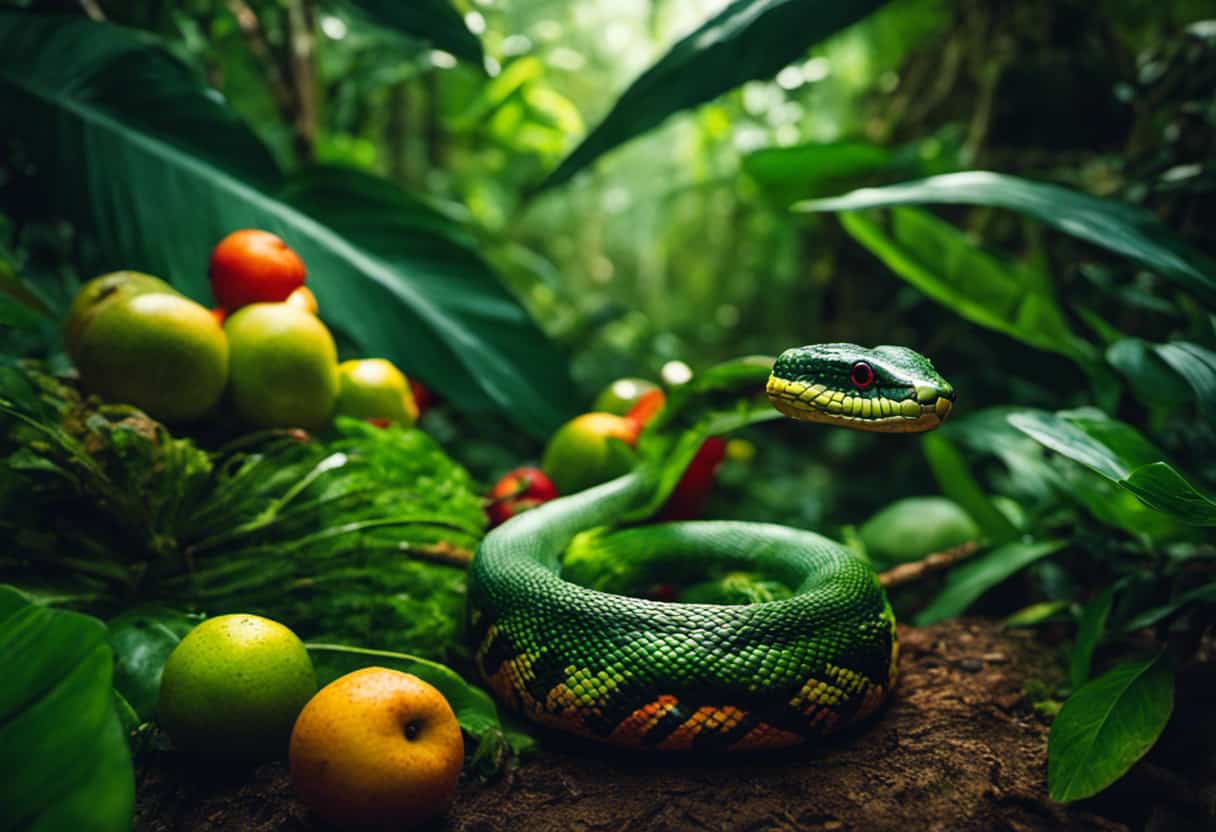 An image showcasing a vibrant, lush rainforest with a variety of colorful fruits and vegetation