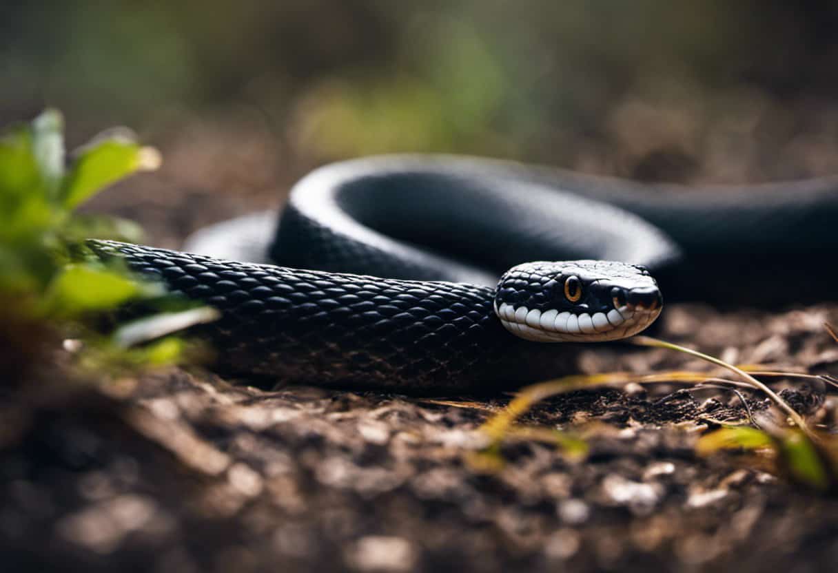 An image showcasing a vibrant scene of a determined black snake coiled near a rattlesnake, challenging the myth of black snakes as rattlesnake deterrents