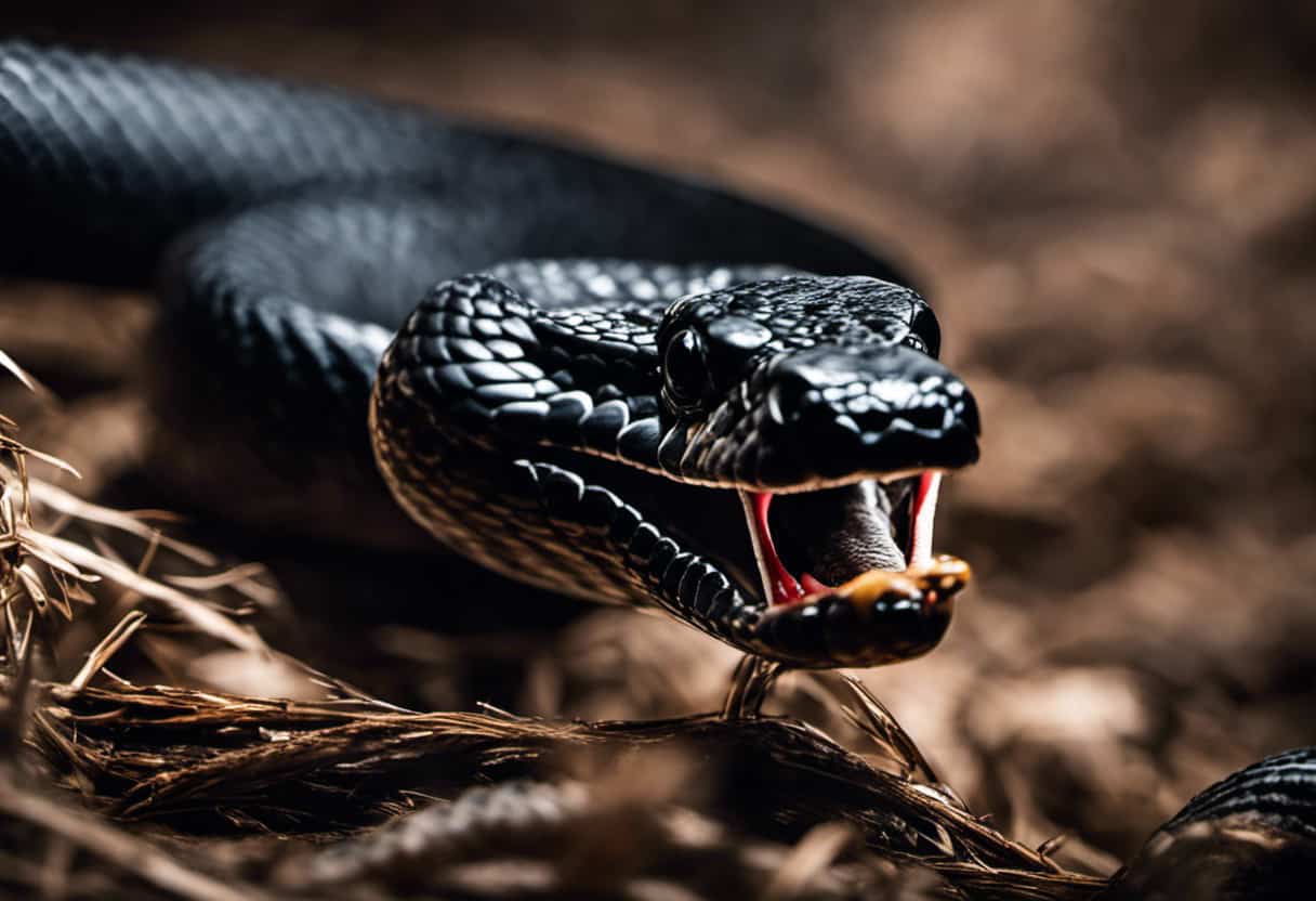 An image capturing the intense moment of a sleek, jet-black racer snake in mid-strike, jaws wide open, ready to devour a venomous rattlesnake, showcasing the fierce predator-prey dynamics of black racers