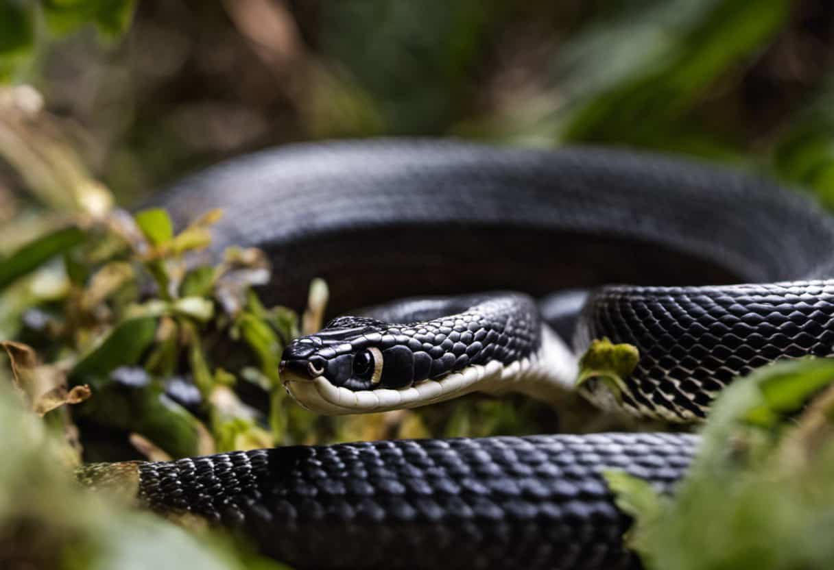 An image capturing the intense moment when a powerful, sleek black rat snake, coiled around a rattlesnake, showcases its dominance
