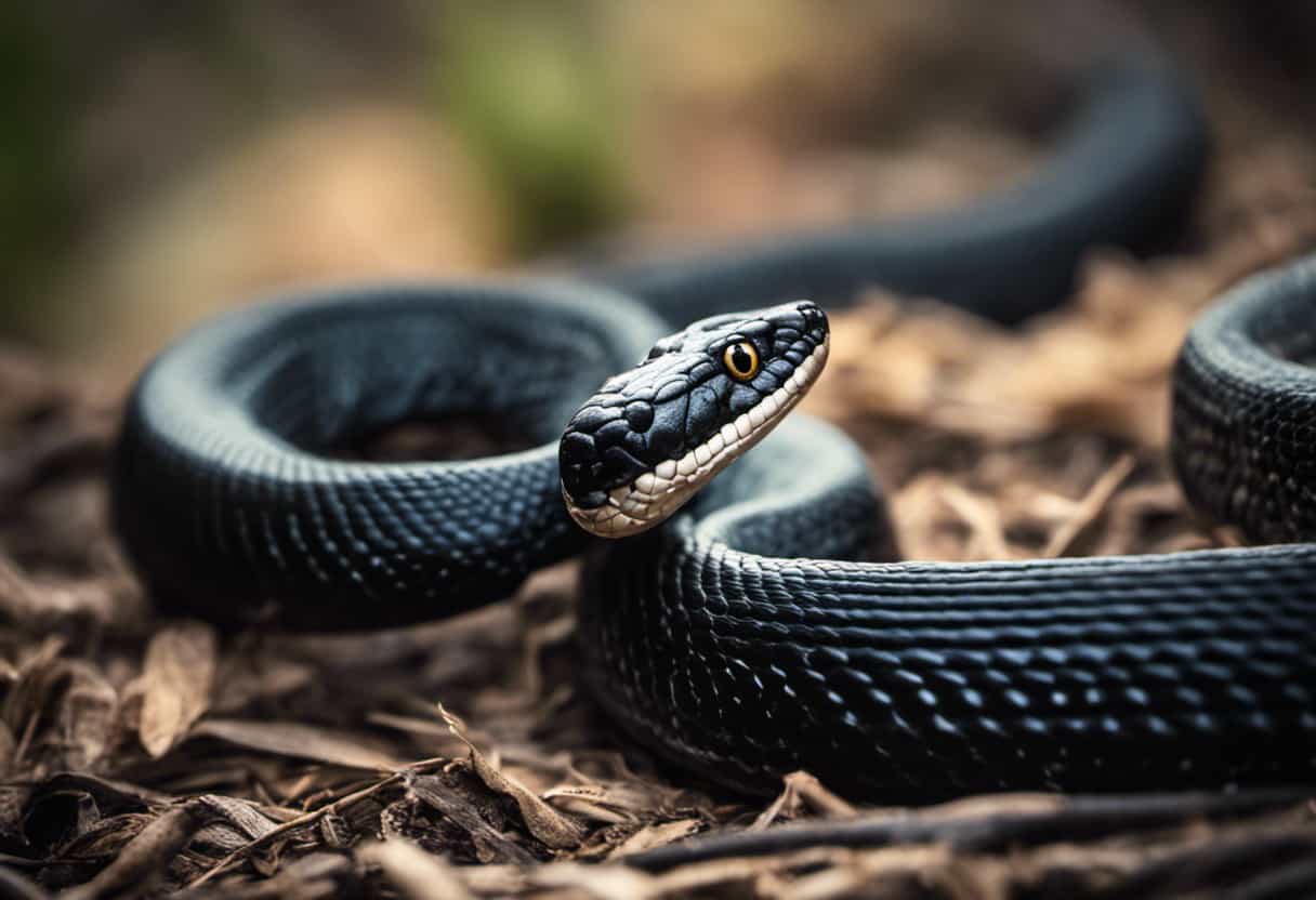 An image depicting a mesmerizing encounter between a stealthy black snake and a formidable rattlesnake, showcasing the intricate hunting tactics and deft defense mechanisms of black snakes