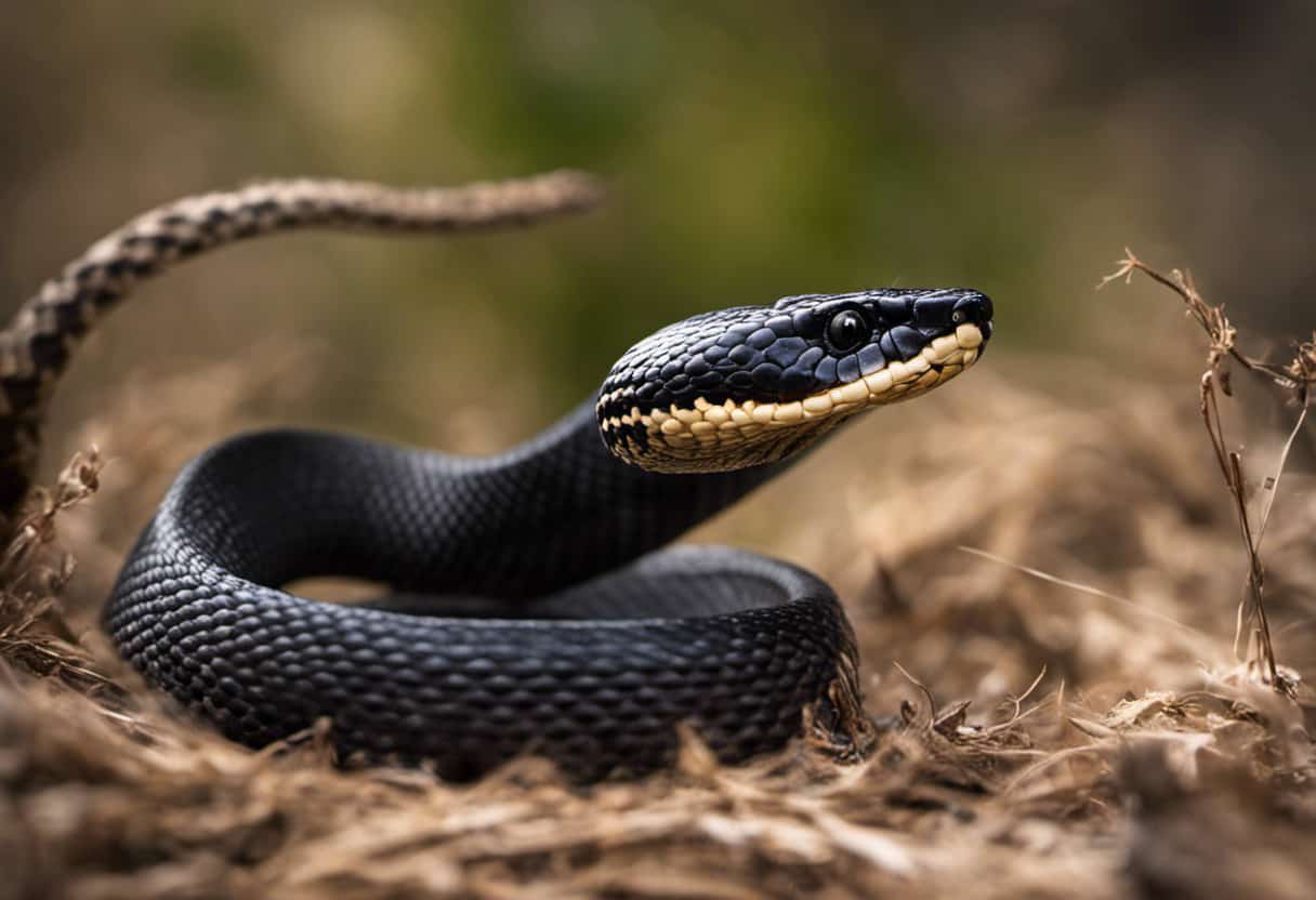 An image showcasing a venomous black snake and a nonvenomous rattlesnake in a confrontation