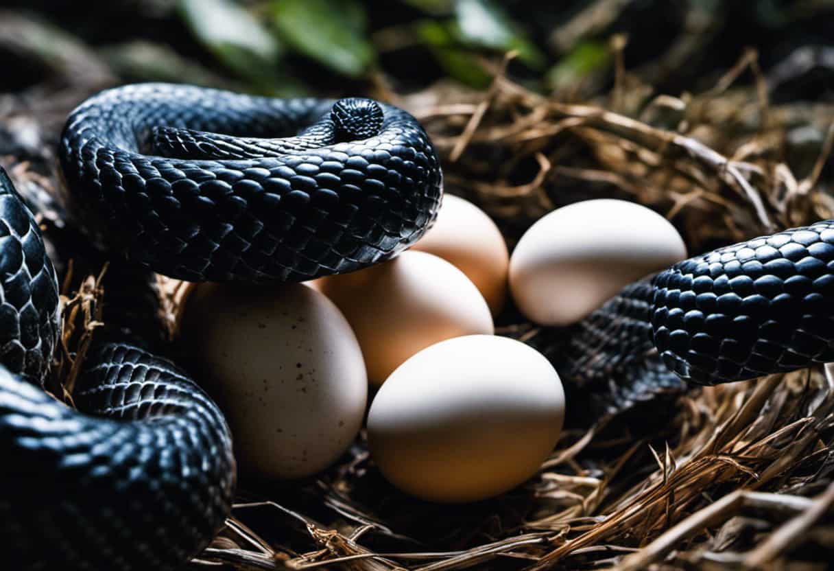 An image depicting a black snake coiled around its clutch of eggs, showcasing the remarkable adaptation of egg-laying behavior