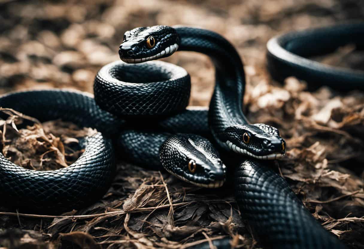 An image that showcases the intricate dance of two black snakes intertwined in a graceful manner, symbolizing the captivating group behavior of snake-like species