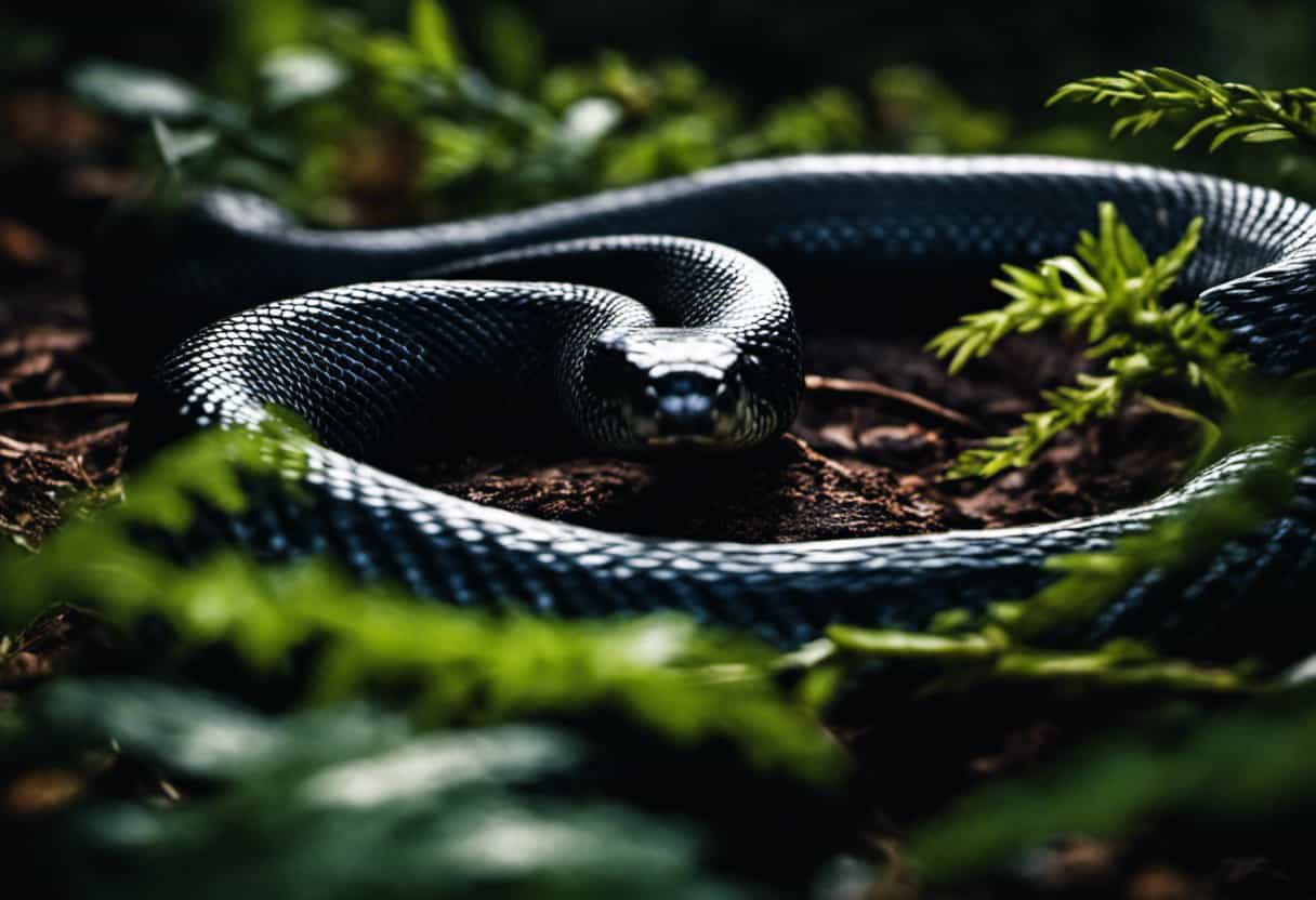 An image capturing the enigmatic solitude of black snakes, portraying a single sleek serpent sinuously slithering through the shadowy undergrowth, emphasizing their solitary and independent nature