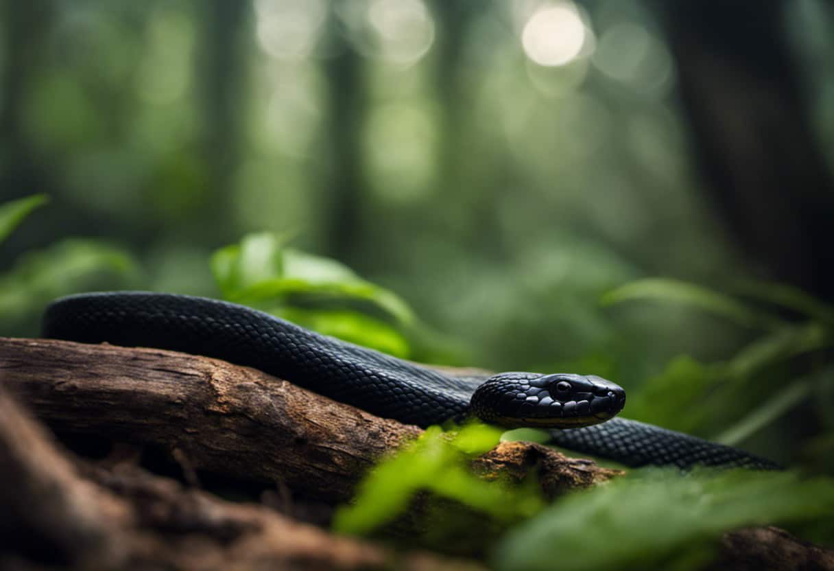 An image showcasing the beauty of a lone black snake slithering through a lush forest