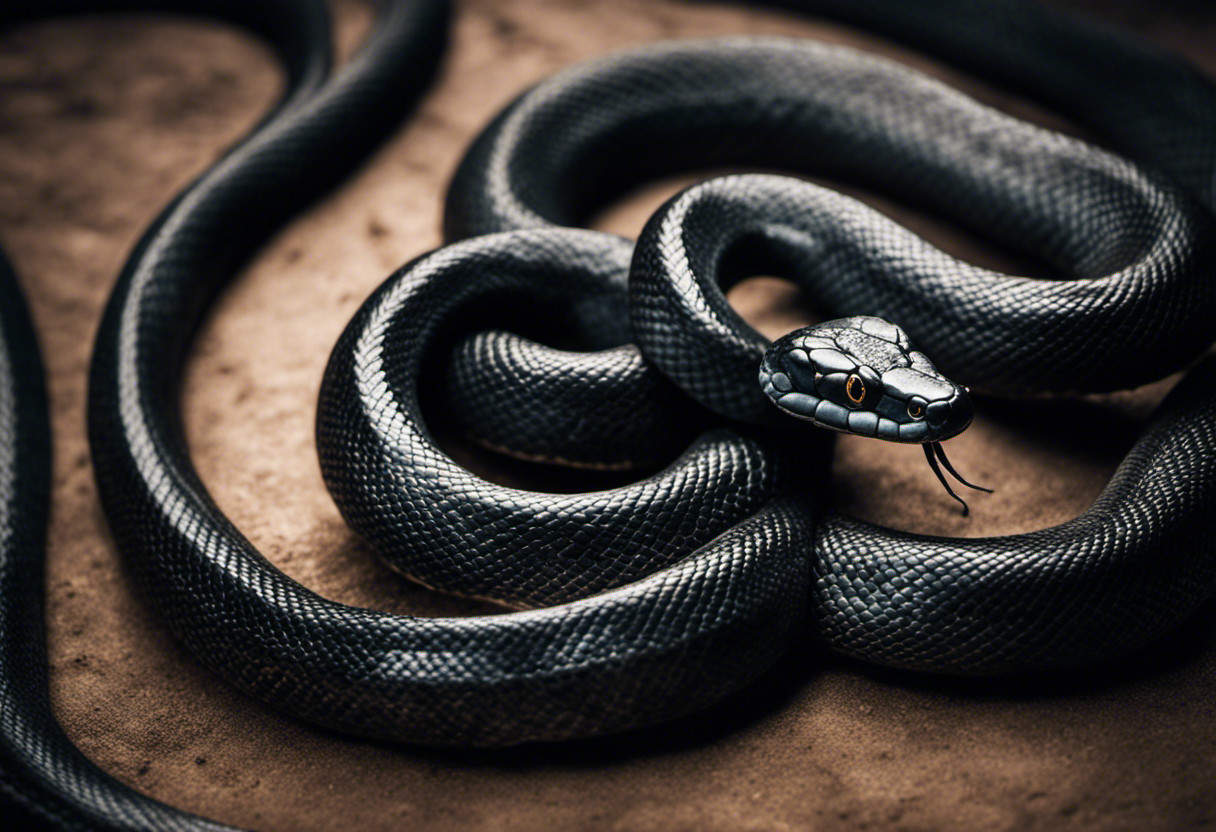 An image capturing the intricate dance of two black snakes, their sinuous bodies intertwined, heads raised in perfect synchrony, showcasing the subtle nuances and complex communication involved in the social interactions of these fascinating creatures