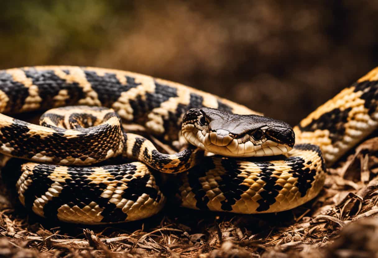 An image showcasing a vivid contrast between a bull snake and a rattlesnake intertwined, highlighting their unique patterns and features