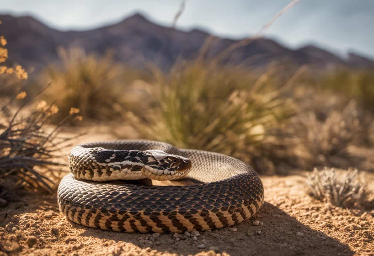 An image showcasing a serene desert landscape, where a Bull Snake and a Rattlesnake peacefully coexist in their natural habitat, highlighting the importance of conservation efforts to preserve the delicate balance of these two species