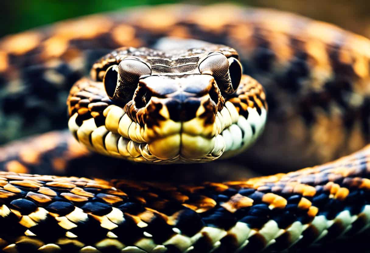 An image showcasing a close-up of a bull snake, its mouth wide open, fangs exposed, revealing a clear absence of venom glands
