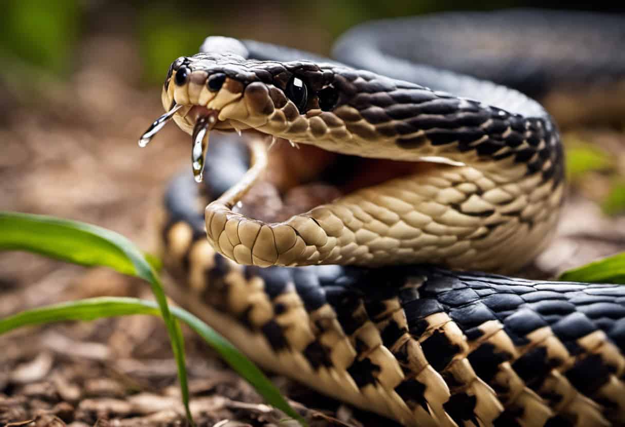 An image showcasing a close-up of a bull snake's fangs, protruding from its mouth, while a harmless droplet of saliva glistens on the tip
