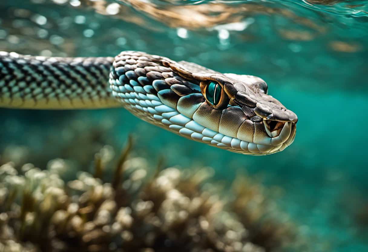 An image capturing the mesmerizing moment when a Bull Snake gracefully glides through turquoise water, scales glistening, as sunlight pierces the ripples, showcasing their remarkable aquatic prowess
