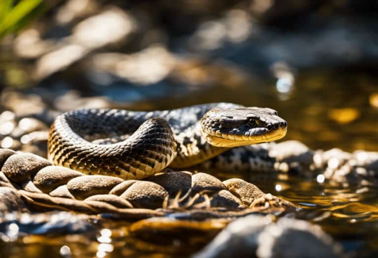 An image showcasing a bull snake slithering gracefully through a crystal-clear stream, its scales glistening under the sun's warm glow