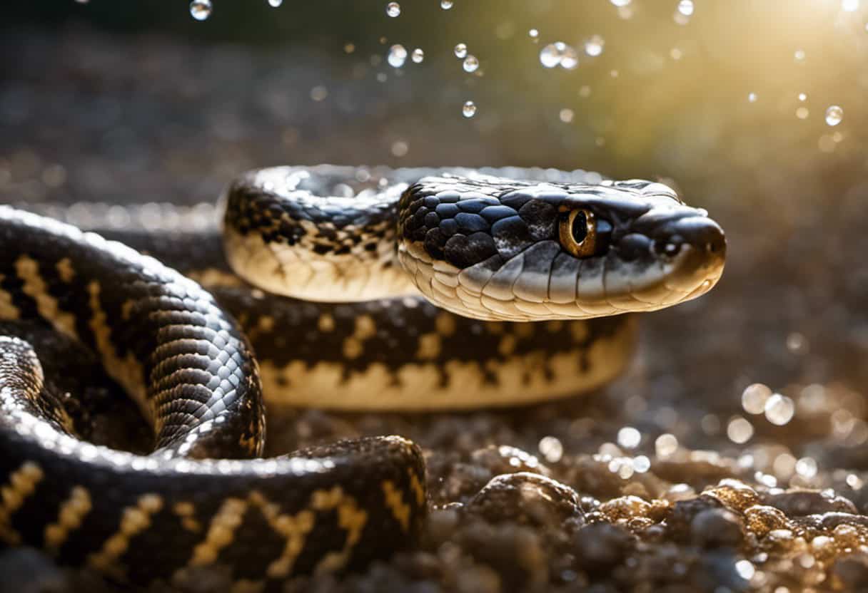 An image that captures the essence of Bull Snakes' fascination with water, depicting a majestic Bull Snake gracefully slithering amidst sparkling droplets, its scales glistening under the sun's reflection