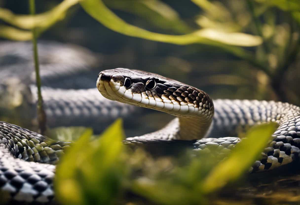 An image capturing the elegance of a bull snake as it glides effortlessly through a tranquil aquatic habitat