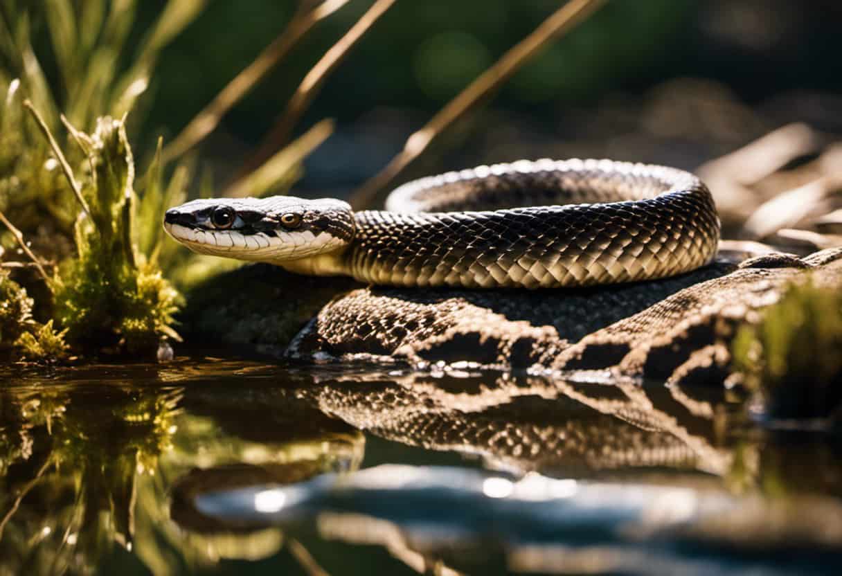 An image featuring a majestic Bull Snake, gliding through a crystal-clear stream, its scales glistening under the gentle sunlight, illustrating the profound influence of habitat preference on Bull Snakes' water interaction