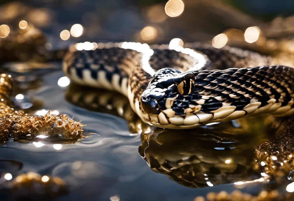 An image capturing the mesmerizing sight of a Bull Snake elegantly slithering through a crystal-clear stream, its scales glistening as water droplets cascade off its sinuous body, showcasing the intriguing relationship between these serpents and water