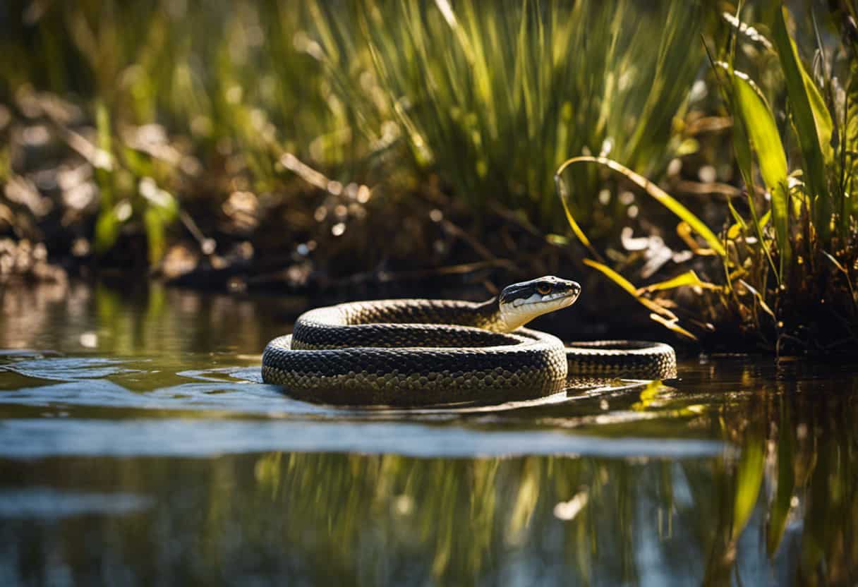 An image capturing the essence of a bull snake's natural habitat: a serene, sun-drenched wetland brimming with lush aquatic plants, sparkling clear waters, and the snake gracefully gliding through the rippling surface