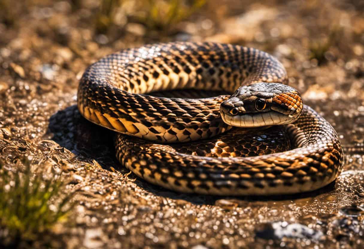 An image capturing a vibrant Bull Snake gracefully coiling around a glistening puddle, its scales shimmering under the warm sunlight, showcasing the indispensable role of water in a Bull Snake's survival
