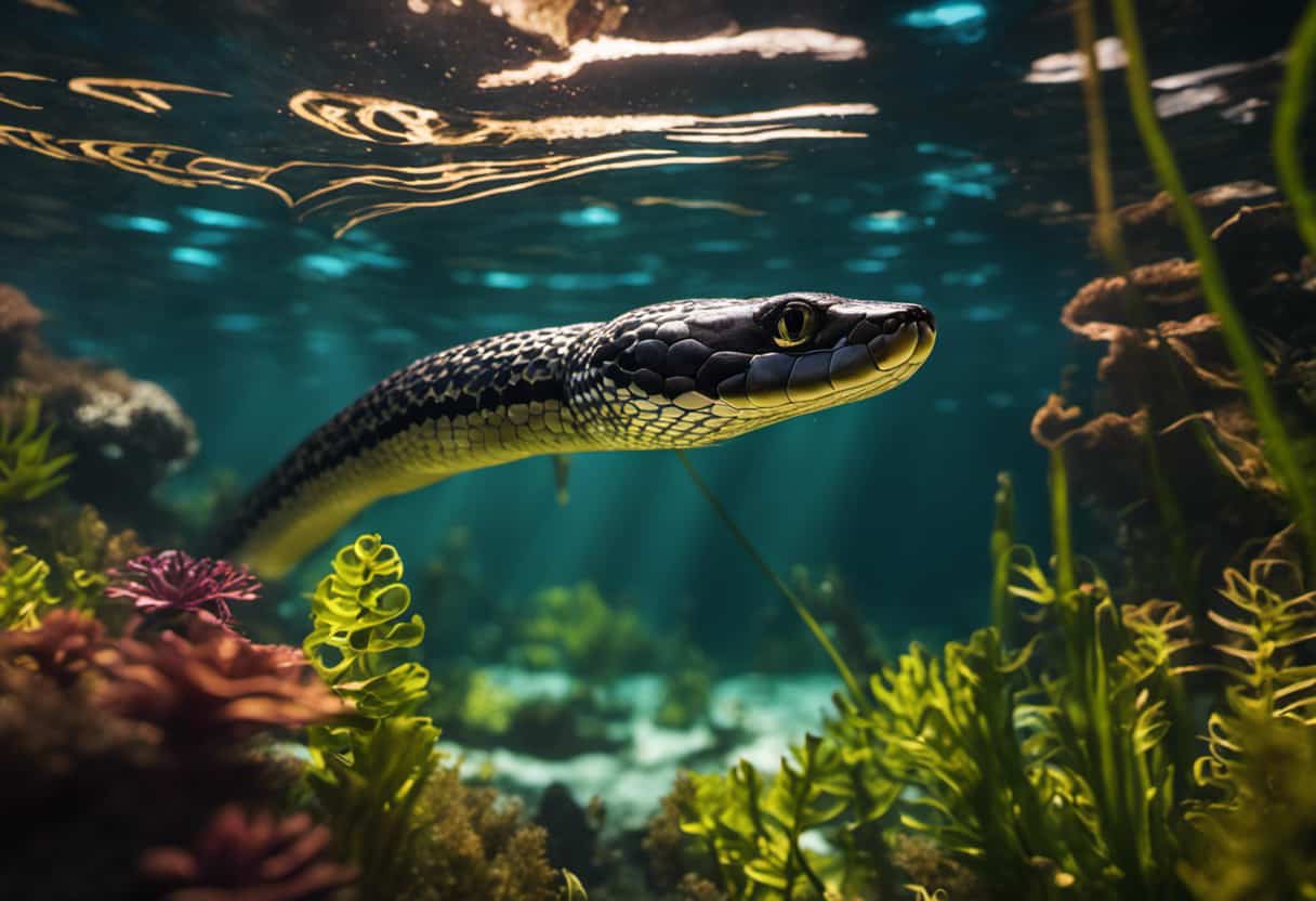 An image that showcases a mesmerizing underwater scene, capturing the elegant silhouette of a Bull Snake gracefully gliding through crystal-clear water, surrounded by vibrant aquatic plants and rays of sunlight piercing through the surface