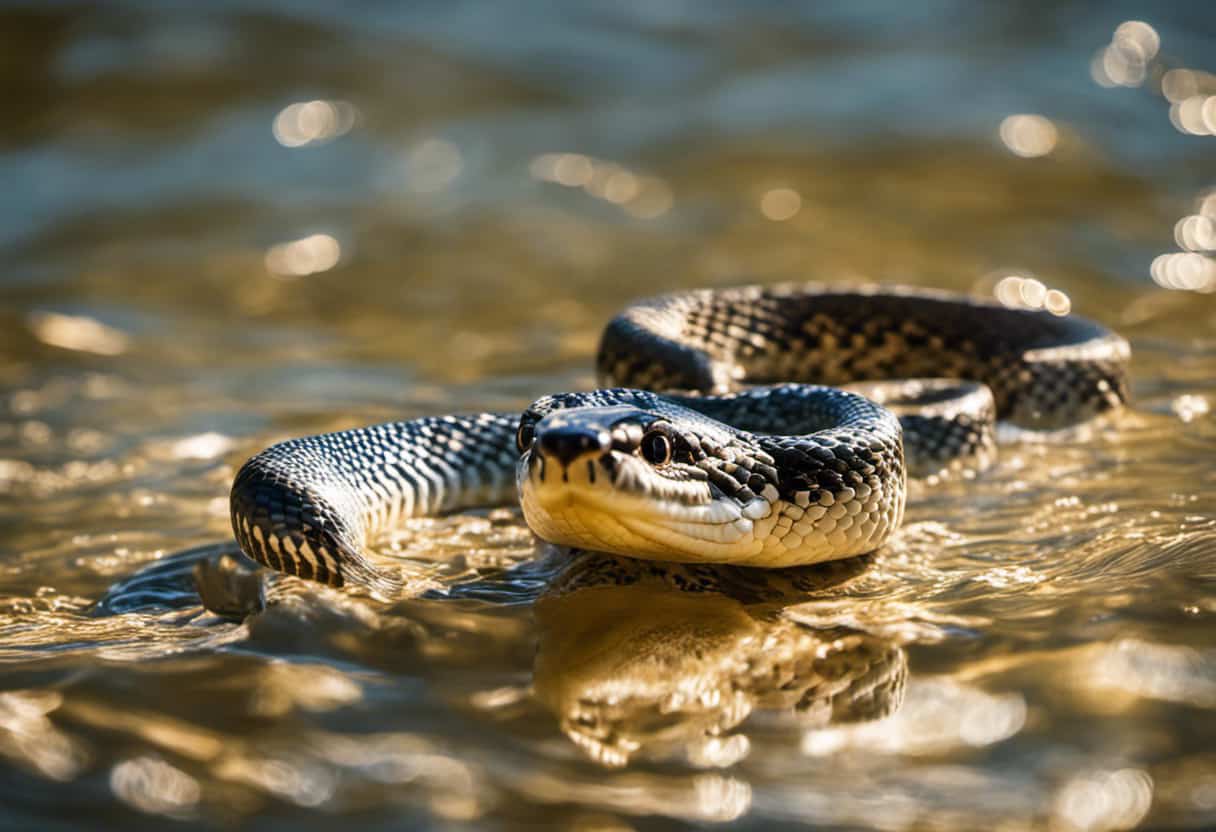 An image capturing the captivating moment of a bull snake gracefully gliding through crystal-clear water, showcasing its exceptional swimming abilities
