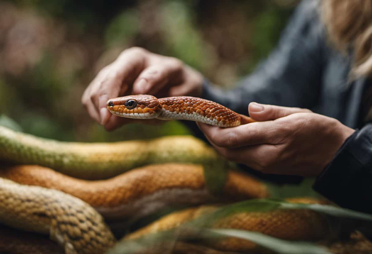 An image depicting a pair of hands gently handling a calm corn snake, showcasing proper handling techniques