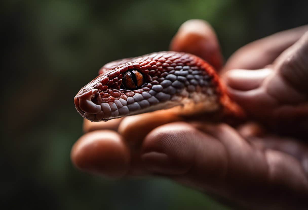 An image depicting a close-up view of a hand with a red, swollen bite mark from a Corn Snake
