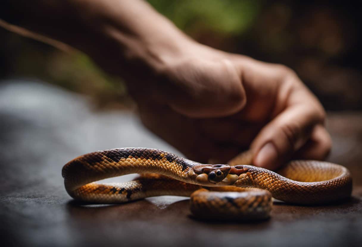An image that showcases a close-up view of a calm hand gently holding a corn snake, while another hand carefully applies antiseptic to a small snake bite on the finger