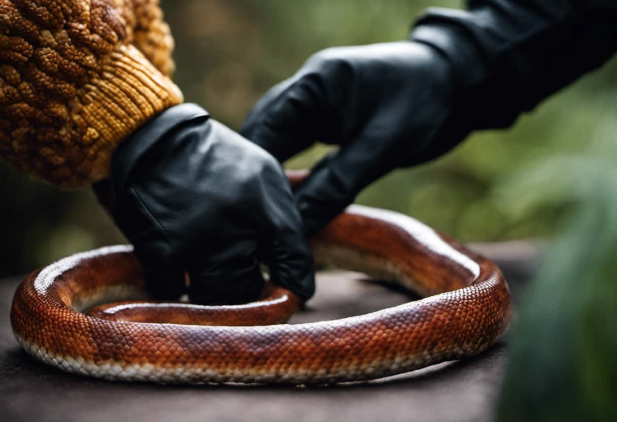 An image of a person wearing thick gloves, gently supporting a calm corn snake with one hand while the other hand firmly grips its body, showcasing proper handling technique to prevent corn snake bites
